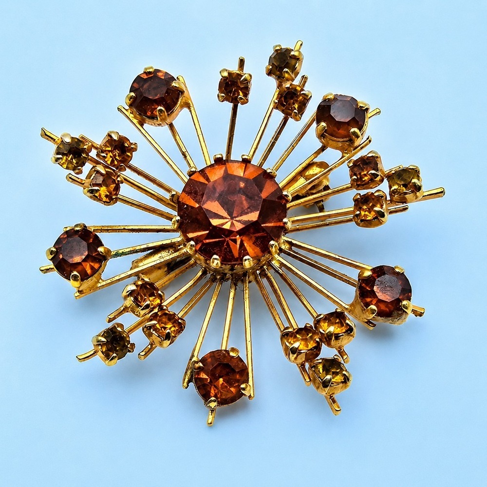 Vintage Amber Topaz Rhinestone Starburst Brooch Pin Gold Tone Atomic -3428